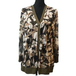 CHICO’S LONG SLEEVE FLORAL CAMO PRINT CARDIGAN TOP GREEN TAN WHITE CHICOS SIZE 1